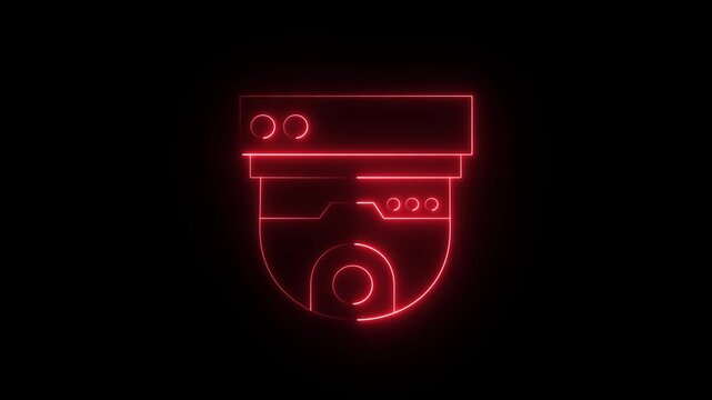 Modern Red Neon Line-Art CCTV Dome Surveillance Camera Icon. 4k animation light