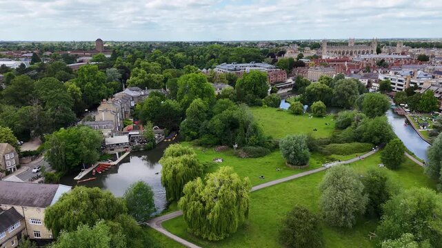 Aerial view over Sheeps Green park, Cambridge city, United Kingdom