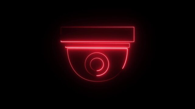 Glowing Neon Red CCTV Security Camera Icon on Black Background. 4k neon motion videos