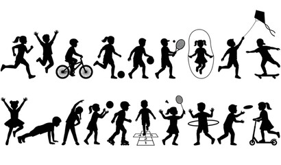Obraz premium Black Silhouette Kids Outdoor Activities and Sports Row Collection Isolated on White Background Vector Set