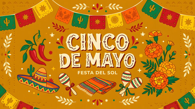 Cinco de mayo festa del sol banner with a sombrero, maracas, chili peppers, marigold flowers, and colorful bunting on a golden yellow background