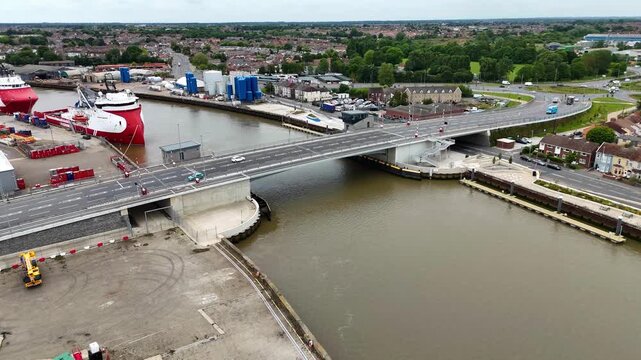 Drone view of Herring Bridge over River Yare, Great Yarmouth, Norfolk, UK