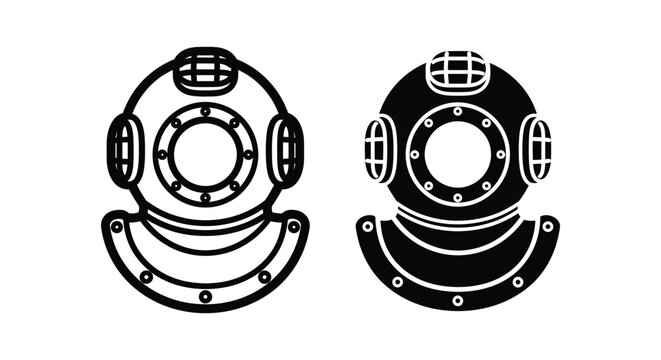 Vintage diving helmet icon set, old deep sea diver suit headgear, vector illustration isolated on white background