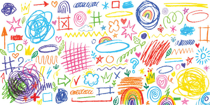 Set of colorful hand drawn doodles and abstract shapes created with wax crayons