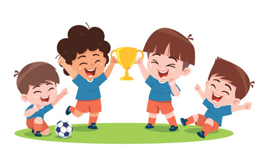 Naklejka premium Happy Children Celebrating Soccer Championship Trophy and Team Victory Illustration