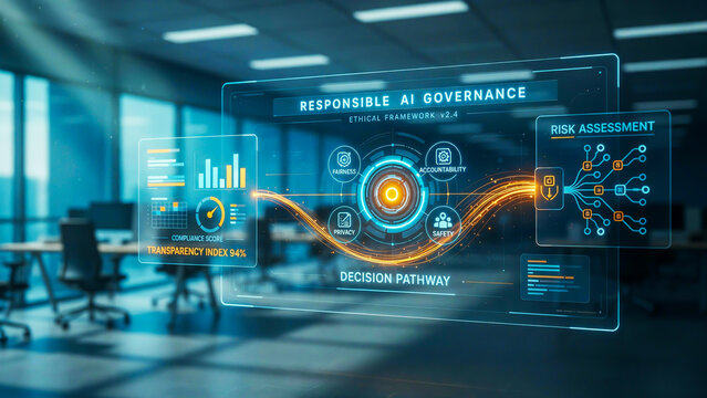 Holographic interface displays responsible AI governance with data charts and risk assessment artificial intelligence