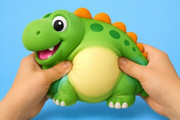 Fototapeta premium Soft toy dinosaur being squeezed, body bulging out comically.