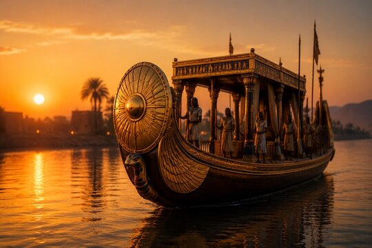 A majestic Nile barge with a gilded sun disk prow sailing at dusk on calm waters.