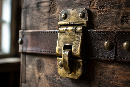 A heavy brass hasp fastened on the leather strap of an aged wooden crate.