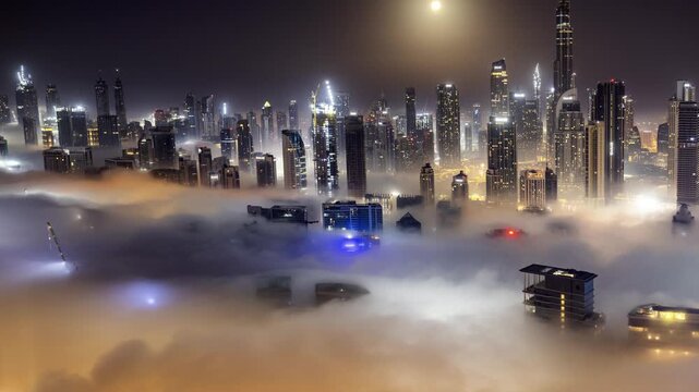dubai with mist of clouds below the skyline from a high vantage point 