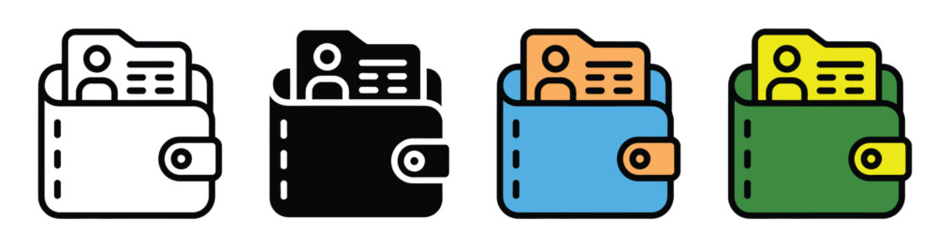 Set of wallet with identification card icons in various styles for business and finance design