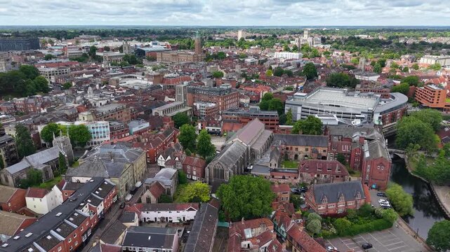 Drone shot of Norwich city center, Norfolk, United Kingdom
