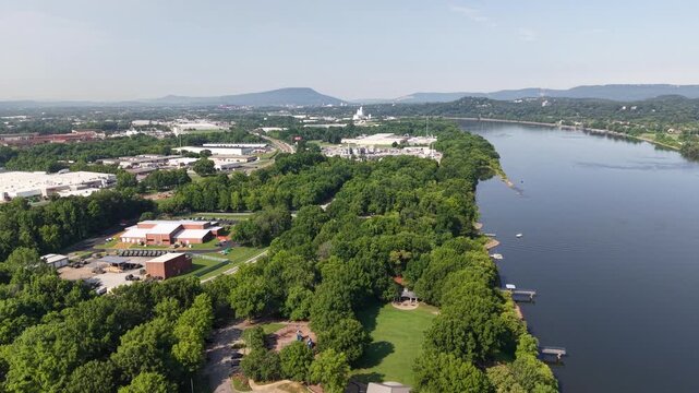 Aerial Drone View of Tennessee River and Riverpark Chattanooga TennesseeAerial Drone View of Tennessee River and Riverpark Chattanooga Tennessee