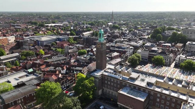 Aerial view of Norwich City Hall, Norfolk, United Kingdom