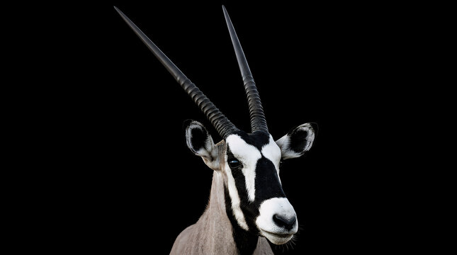 Oryx portrait features the animal looking slightly to the side against a pitch-black void, highlighting the impressive length of its straight horns and unique black and white facial coloration.