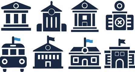 Fototapeta premium Vector icons of various buildings and a bus on white background