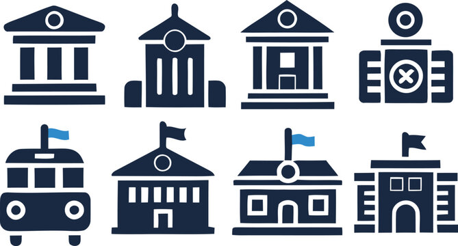 Vector icons of various buildings and a bus on white background