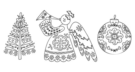 Naklejka premium Black and white illustration of a Christmas tree, an angel playing a trumpet, and a decorative ornament with floral patterns, suitable for holiday-themed designs