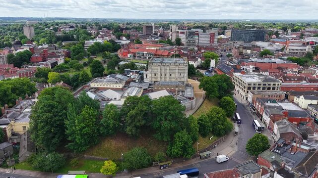 Aerial view of historic Norwich Castle landmark, Norfolk, United Kingdom