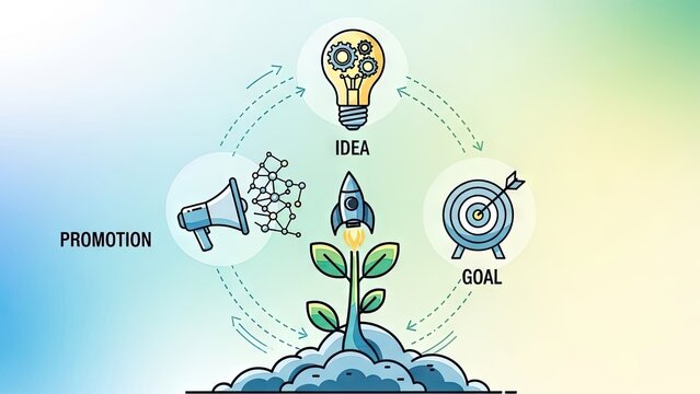 Conceptual illustration of business plan development from idea to promotion