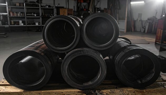 Pile of dark rich ebony wood blanks awaiting turning on a lathe, photorealistic industrial setting