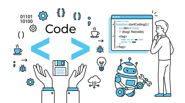 A man interacts with a robot surrounded by coding symbols and technology icons.