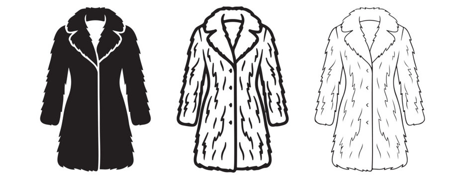 fur coats with hoods in black and white illustrations for fashion design or clothing industry use  various styles and colors