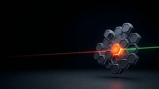 3D Hexagon Quantum Processor Refracting Red Laser Beam Into Green Light Ray Tech Background