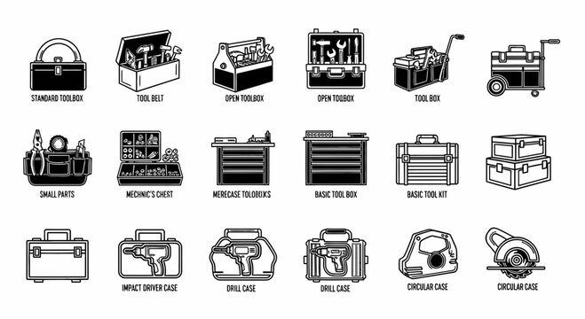 Set of Industrial Tool Box and Equipment Icons