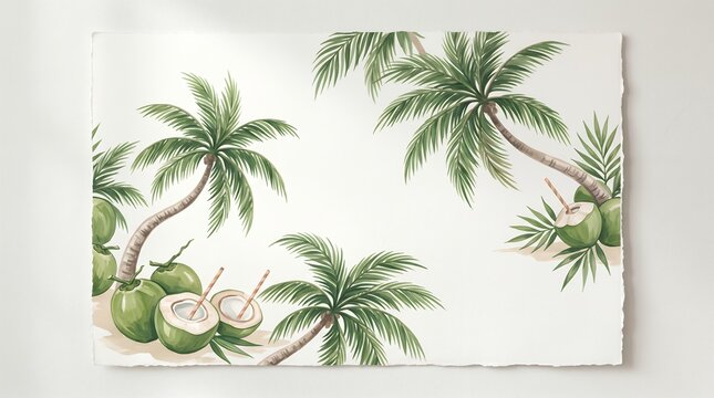 Watercolor tropical palm trees and coconut drinks border with copy space