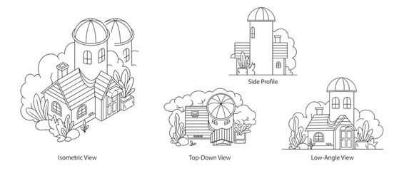 Fototapeta premium House Architecture Vector Line Art Set with Isometric Side Top and Low Angle Views