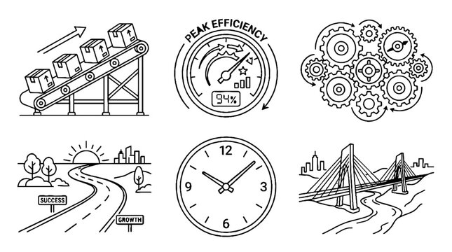 Set of business and industrial process doodle icons.