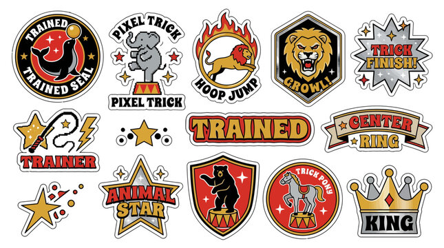 A vibrant sticker pack featuring a lion, stars, and trained animals in a fun y2k aesthetic