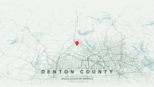 Modern minimalist vector map of Denton County, Texas, USA. High-quality scalable illustration of Denton County grid, Lewisville Lake, Interstate 35, US Route 380 for posters design.