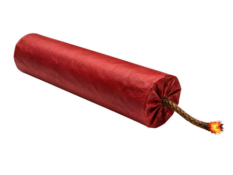 Red dynamite stick with lit fuse, explosive tnt bomb, dangerous demolition tool isolated on Transparent Background