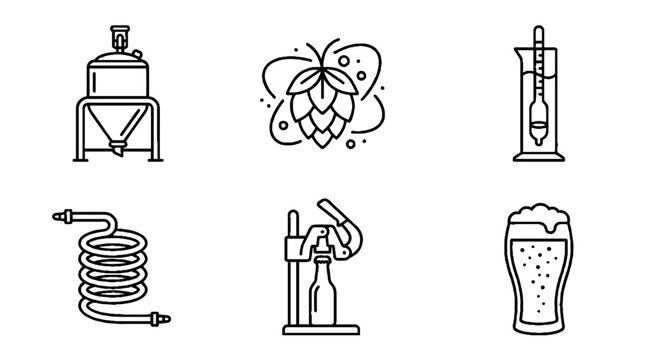 Set of craft beer brewing process icons and equipment symbols.