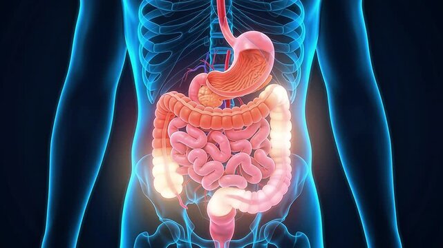 3D Medical Animation Human Digestive System Gastrointestinal Tract Stomach Intestine Highlighted Anatomy X-Ray Blue Glow Dark Background Healthcare Concept