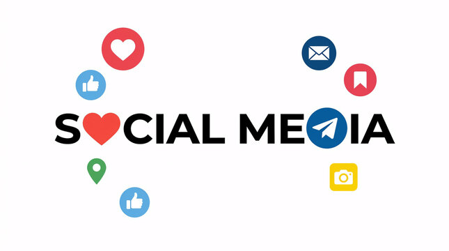 A graphic design featuring the words SOCIAL MEDIA stylized with colorful social networking icons like hearts and thumbs up Isolated on transparent background