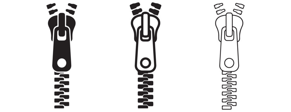 Zipper icons in different styles and colors on white background for design and illustration