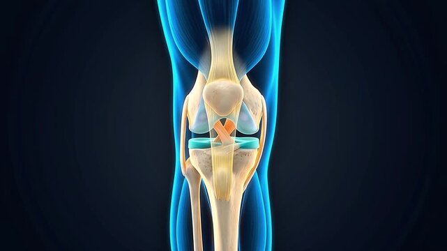 3D Medical Animation Human Knee Joint Anatomy Showing Bones Ligaments Cartilage Meniscus Tendon Orthopedic Healthcare Concept Blue Background
