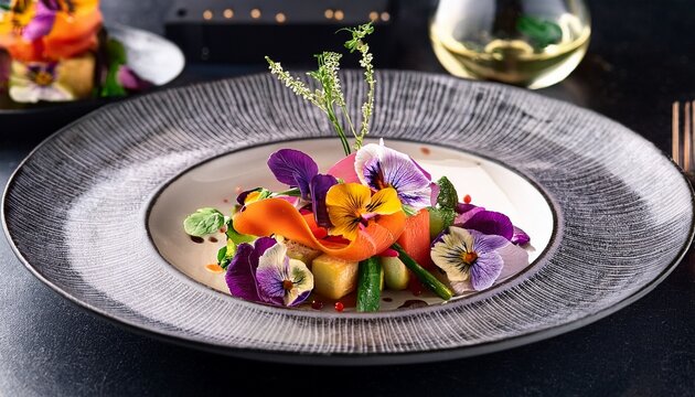 gourmet fine dining vegetable dish with edible flowers and artistic plating