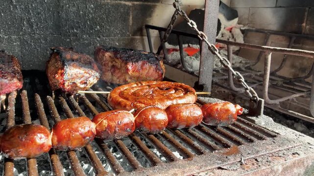 Fire Burning Under the Grill &ndash; Traditional Argentine Asado with Beef and Sausages - Argentina, Tradition, Meat