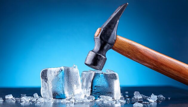 hammer breaking ice block on blue background