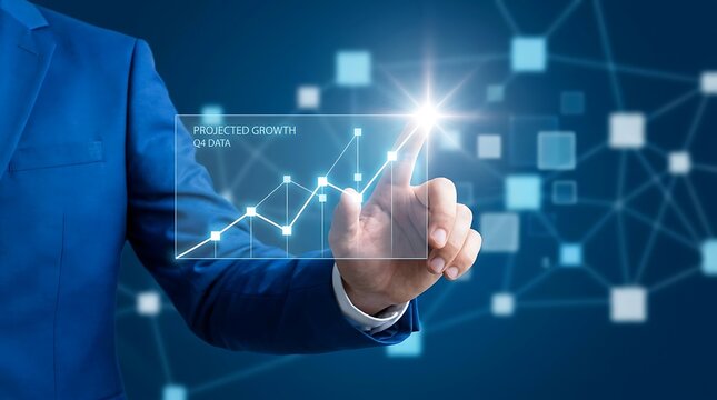 Businessman touching a digital graph showing projected growth in q4 data on a futuristic interface