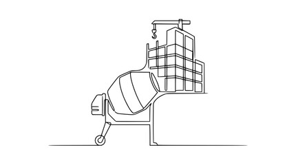 Fototapeta premium Building construction scene with cement mixer and crane, minimalist line art