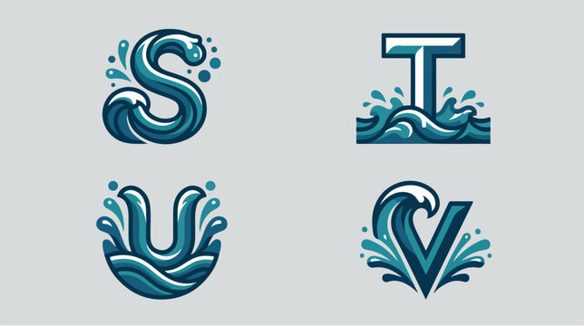 Alphabet letters S T U V designed with water waves and splashes.