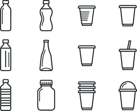 Plastic bottle and disposable drink cup line icon set for packaging recycling and beverage container design