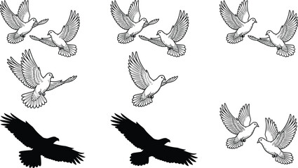 Flying dove bird tattoo and eagle silhouette element vector set for freedom peace and wildlife graphics © Mstlily