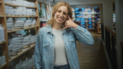 Fototapeta premium Woman shows call hand gesture amid shelves of plates and bowls in a building store aisle, wearing denim jacket and jeans; friendly invitation.