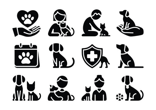 Pet Care Icon Set Featuring Veterinary Services, Animal Health, Grooming, Feeding And Training Symbols In Solid Black Vector Style.